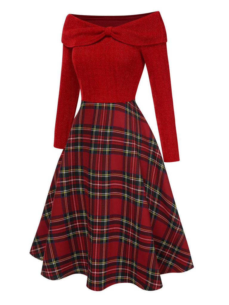 Abito a quadri con spalle scoperte stile natalizio rosso anni '50