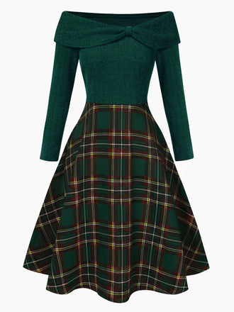 Abito a quadri con spalle scoperte stile natalizio verde anni '50