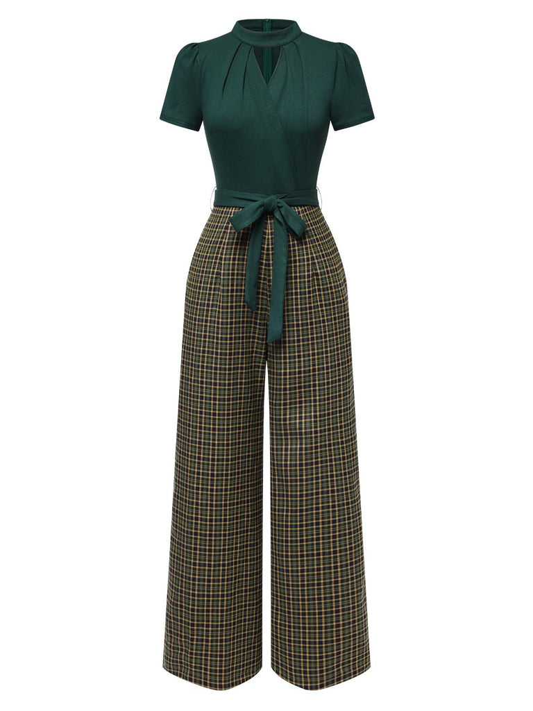 Tuta lunga plaid scollo a buco della serratura verde anni '30