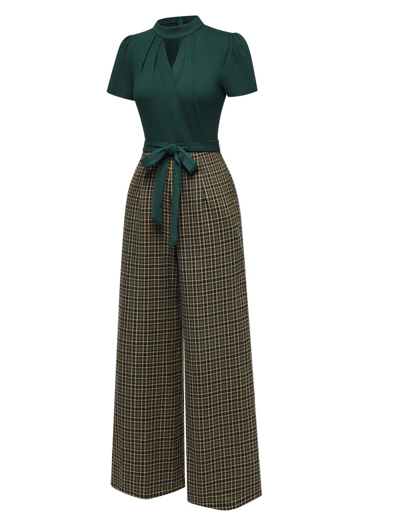 Tuta lunga plaid scollo a buco della serratura verde anni '30
