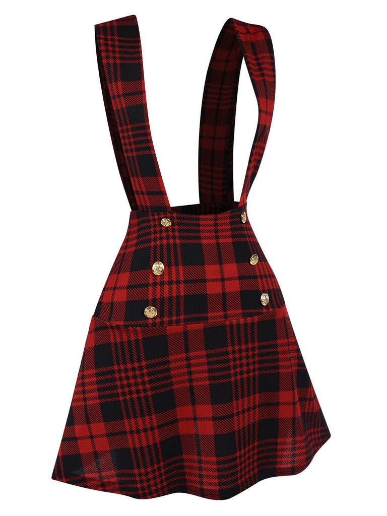 Gonna con bretelle a quadri rosso anni '80