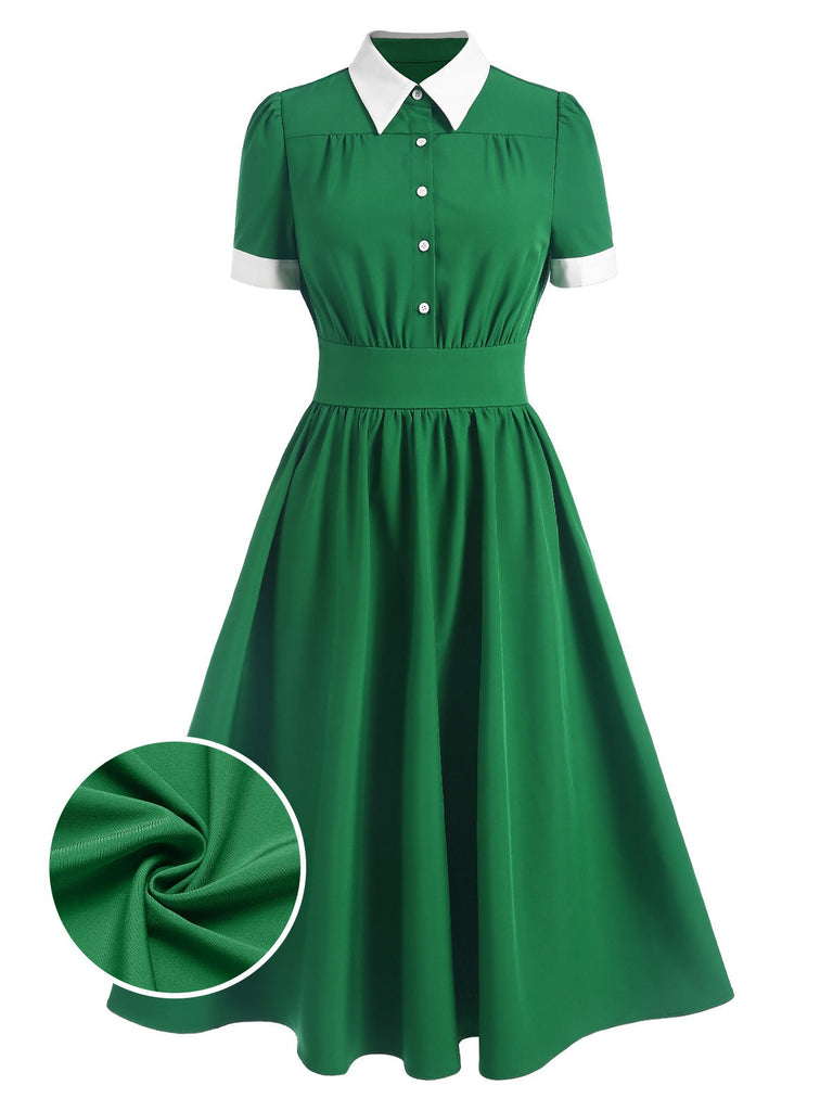Abito con colletto a camicia a contrasto verde anni '40