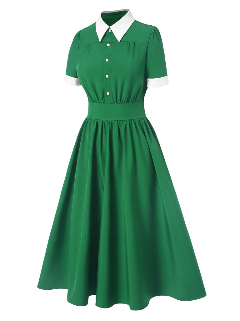 Abito con colletto a camicia a contrasto verde anni '40