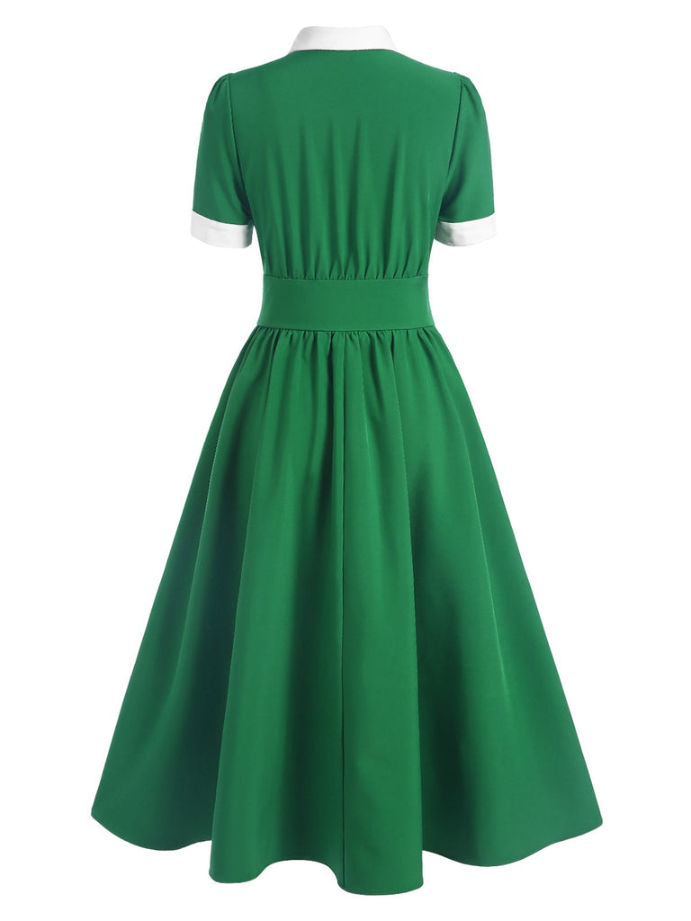 Abito con colletto a camicia a contrasto verde anni '40