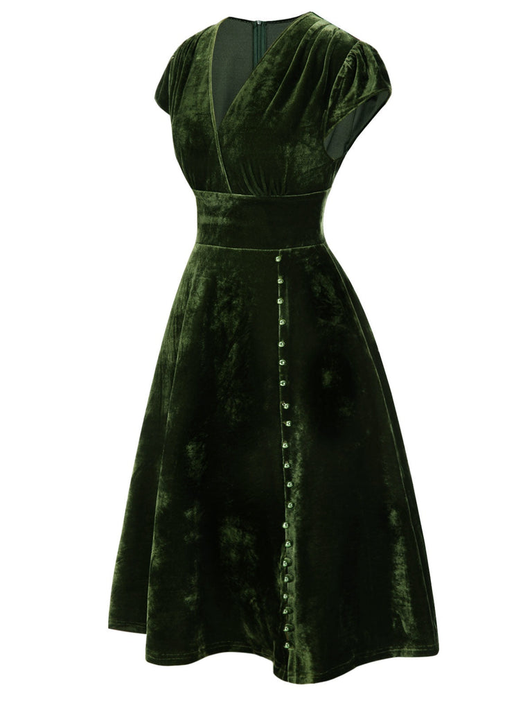 Abito in velluto perla scollo a V profondo verde anni '40