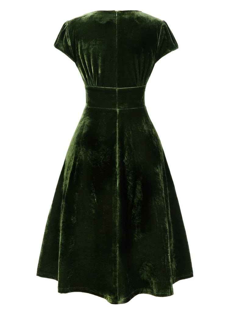 Abito in velluto perla scollo a V profondo verde anni '40
