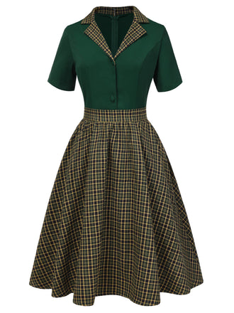 Abito patchwork plaid con revers verde anni '50