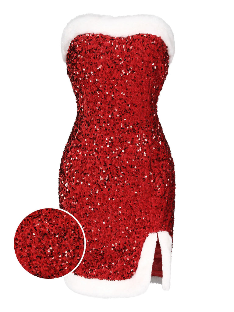 Abito senza spalline con paillettes rosso anni '60