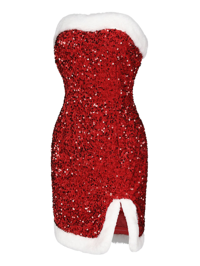 Abito senza spalline con paillettes rosso anni '60