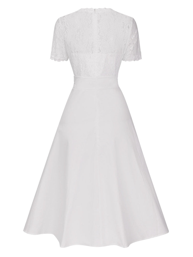 Abito in pizzo con scollo a V patchwork bianco anni '40
