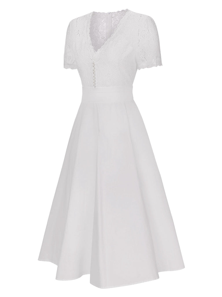 Abito in pizzo con scollo a V patchwork bianco anni '40