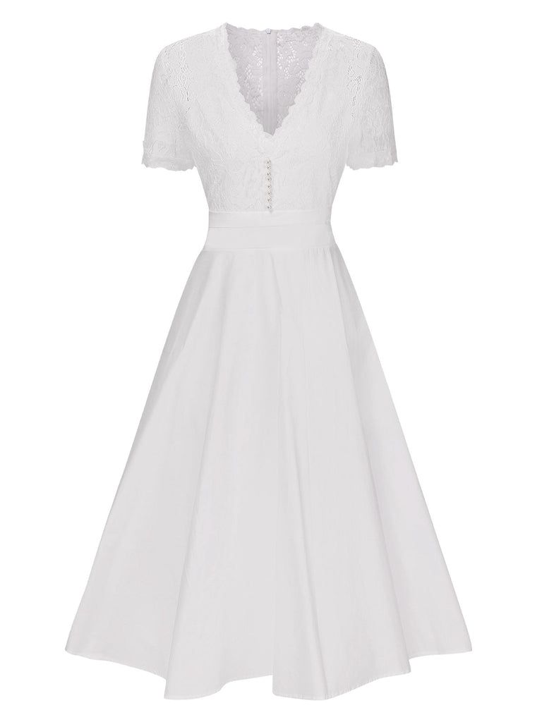 Abito in pizzo con scollo a V patchwork bianco anni '40