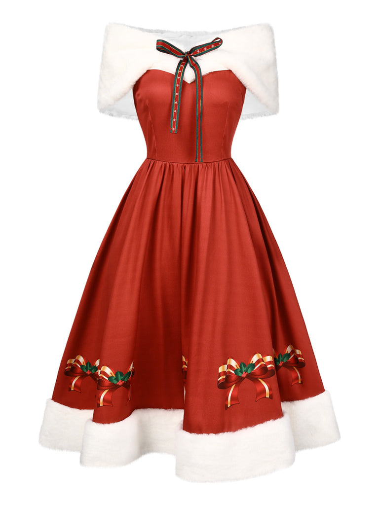 2PCS Abito e scialle di pelliccia con fiocco Natale anni '50