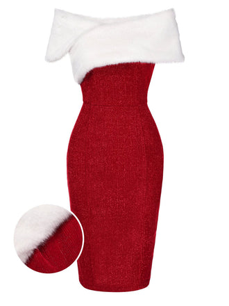 Abito in pelliccia sintetica con spalle scoperte rosso anni '60