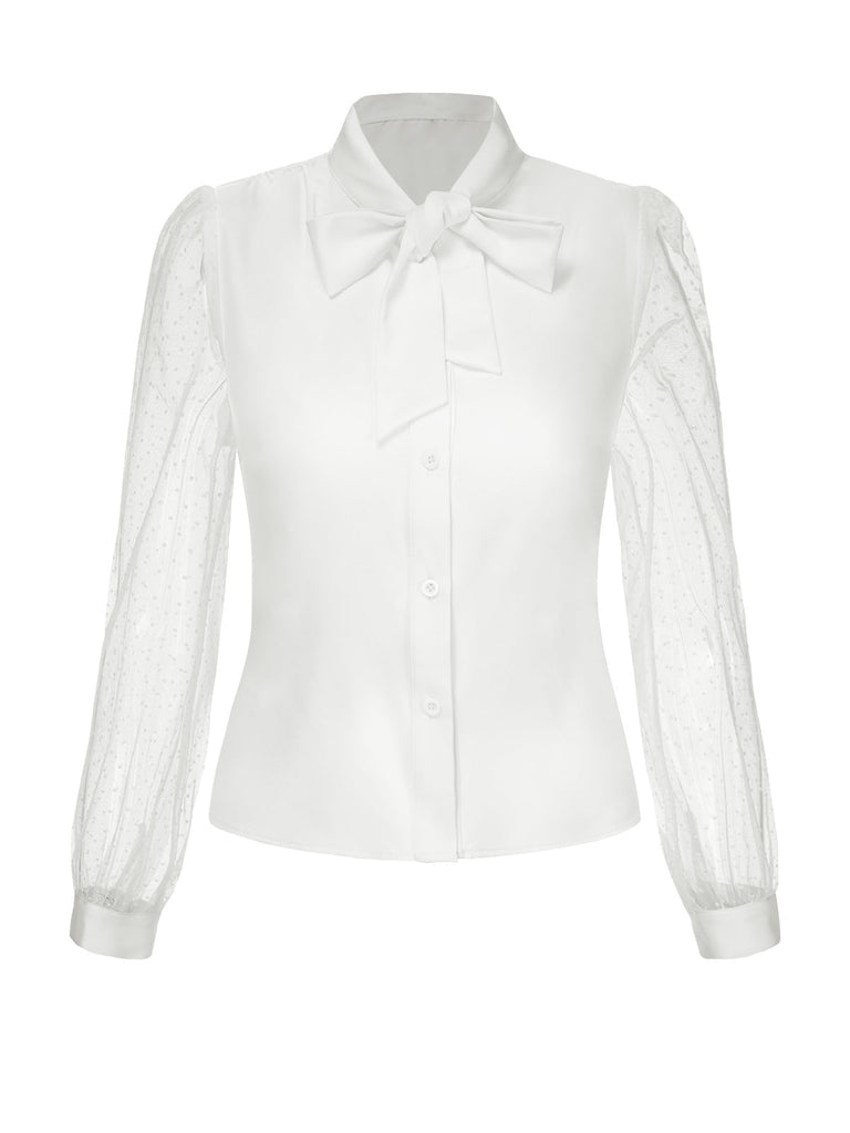 Camicetta con pois in rete e collo annodato bianco anni '40