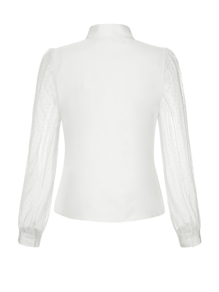 Camicetta con pois in rete e collo annodato bianco anni '40