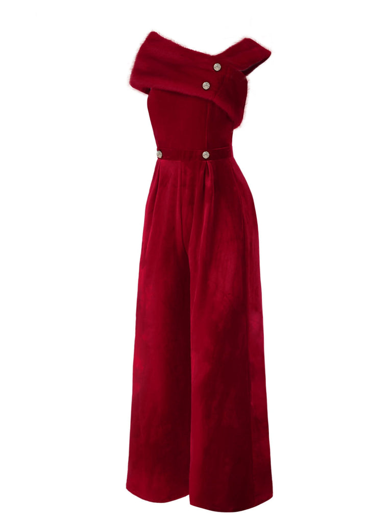 Tuta lunga in velluto spalle scoperte bottoni rosso anni '50