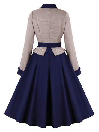 Abito pied de poule  con cintura patchwork blu scuro anni '50