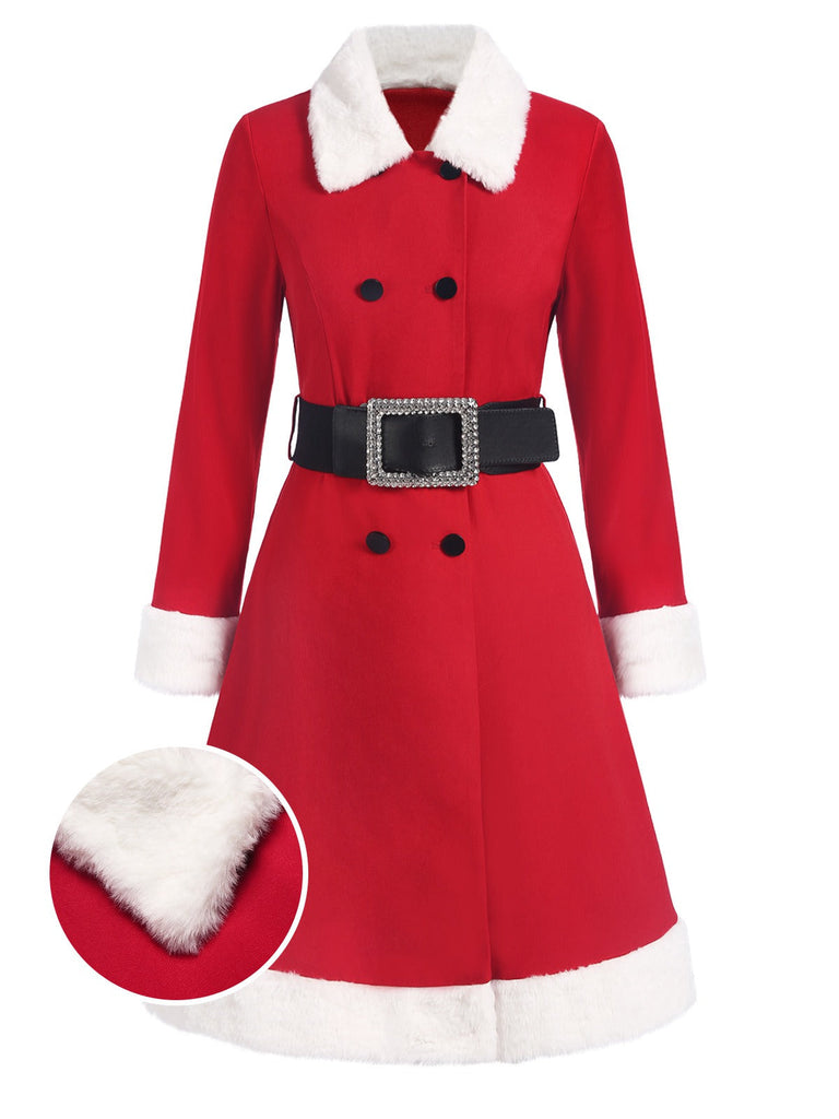 Cappotto doppiopetto con cintura in peluche rosso anni '40