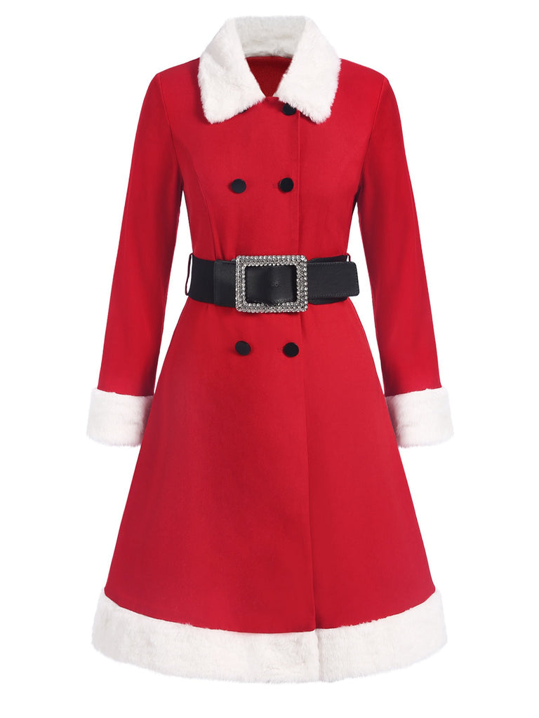Cappotto doppiopetto con cintura in peluche rosso anni '40