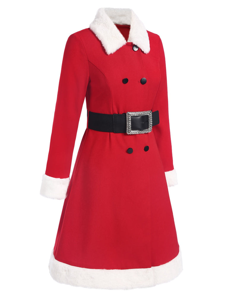Cappotto doppiopetto con cintura in peluche rosso anni '40