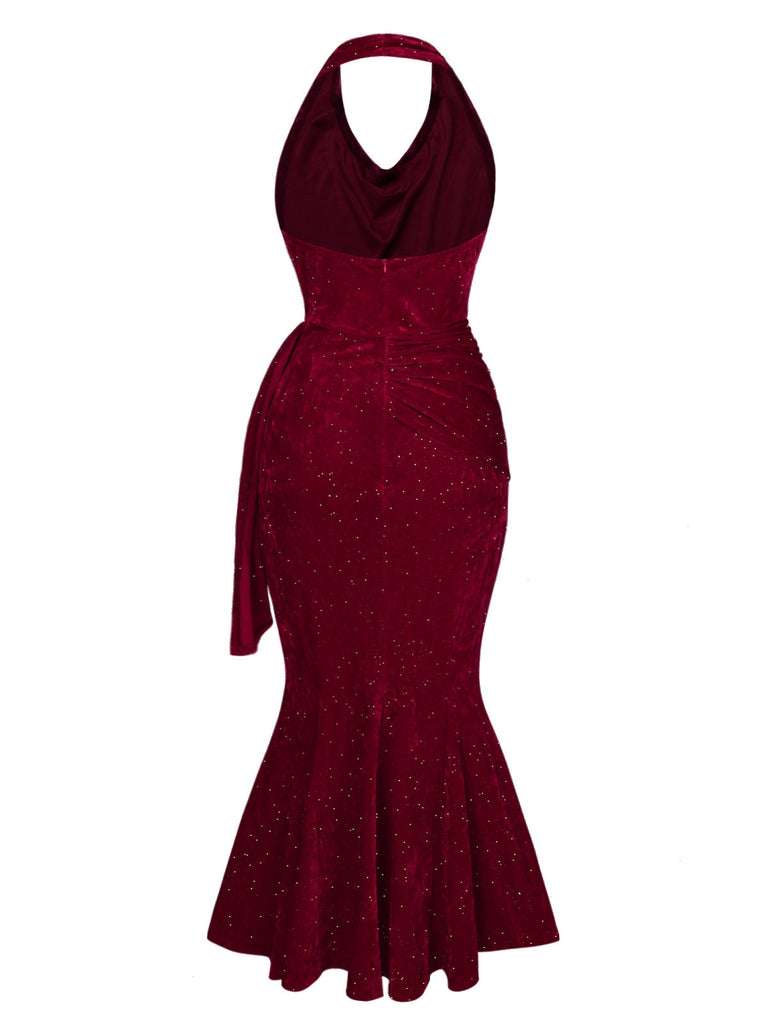 Abito a sirena scollo a cappuccio glitter rosso intenso anni '30