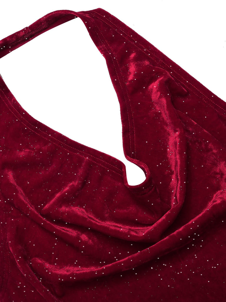 Abito a sirena scollo a cappuccio glitter rosso intenso anni '30