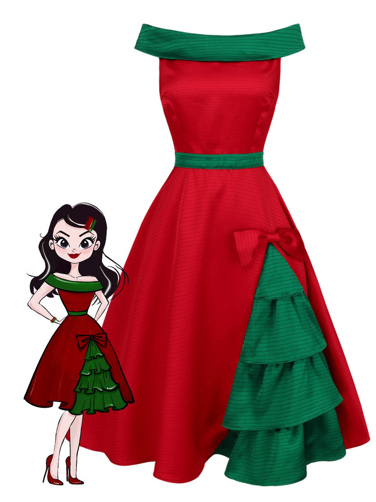 [Prevendita] Abito a spalle scoperte con albero Natale rosso anni '50