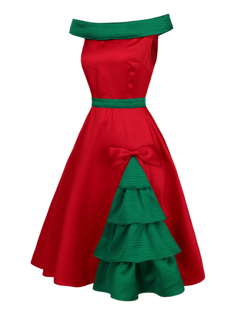 [Prevendita] Abito a spalle scoperte con albero Natale rosso anni '50