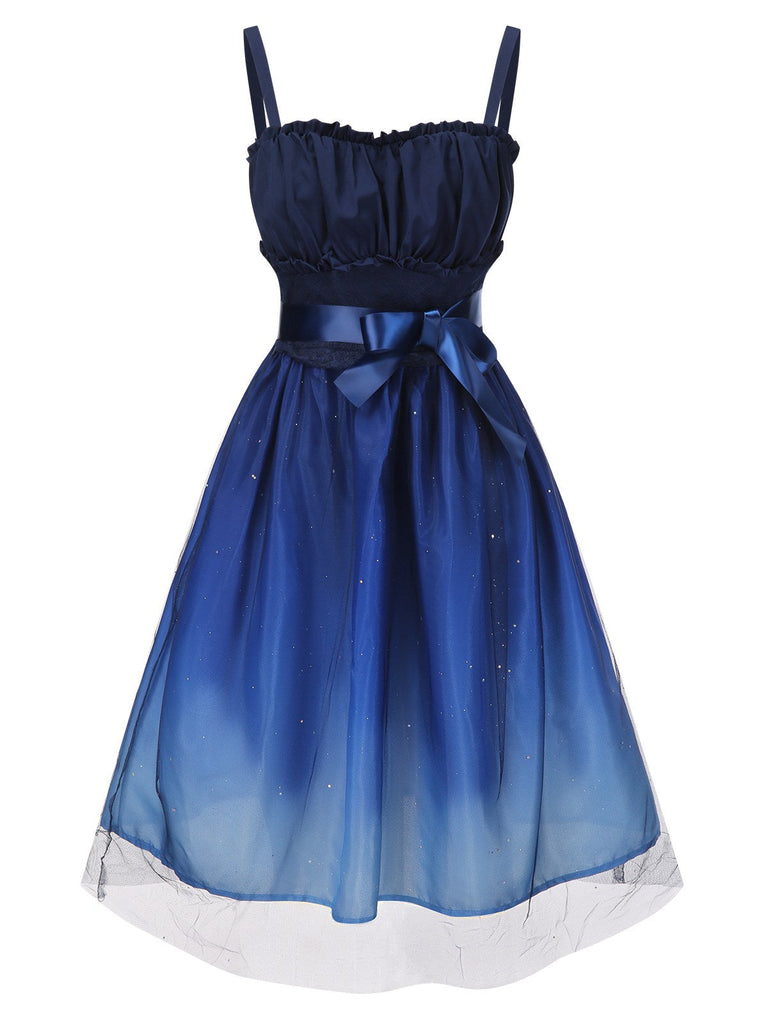 Abito arricciato in maglia sfumata blu anni '50