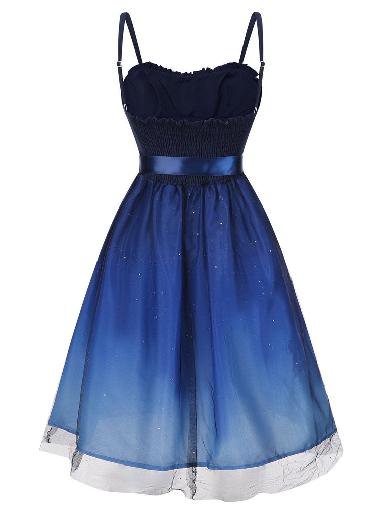 Abito arricciato in maglia sfumata blu anni '50