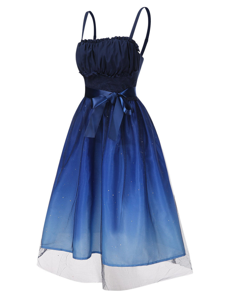 Abito arricciato in maglia sfumata blu anni '50