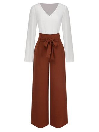 2PCS Top con scollo a V e pantaloni larghi anni '30