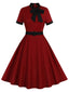 Abito contrasto con collo annodato patchwork bordeaux anni '50