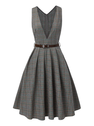 Abito glen plaid con scollo a V profondo grigio anni '40