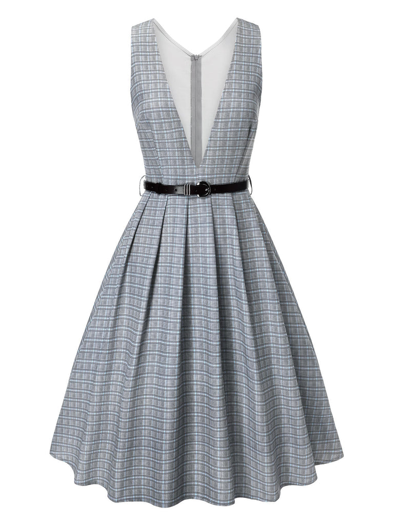 Abito glen plaid con scollo a V profondo grigio anni '40