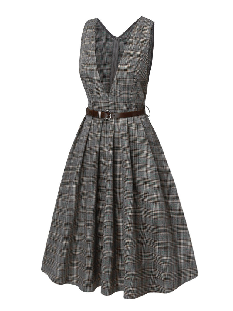 Abito glen plaid con scollo a V profondo grigio anni '40