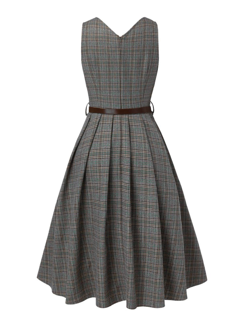 Abito glen plaid con scollo a V profondo grigio anni '40
