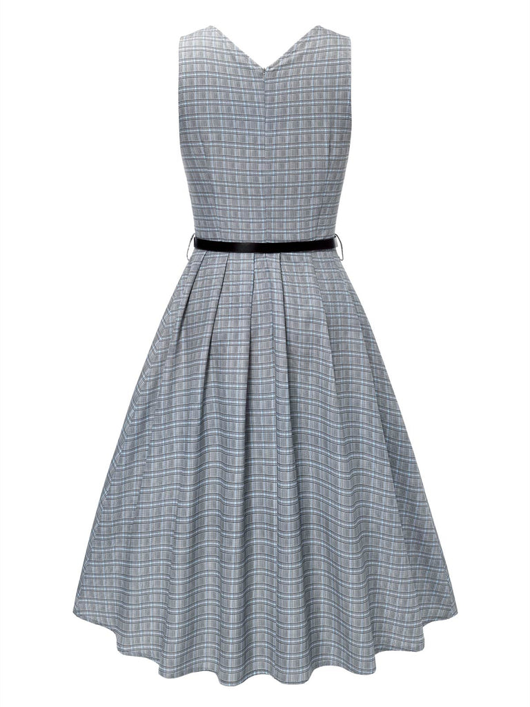Abito glen plaid con scollo a V profondo grigio anni '40