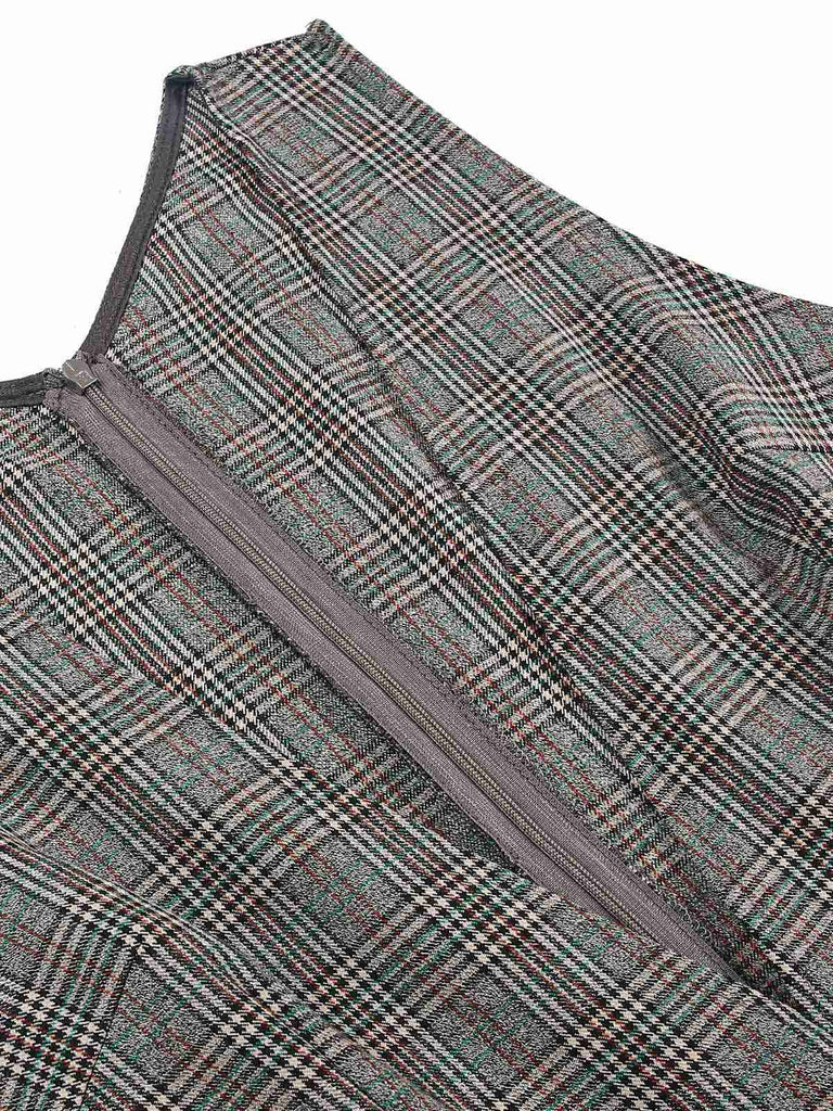 Abito glen plaid con scollo a V profondo grigio anni '40