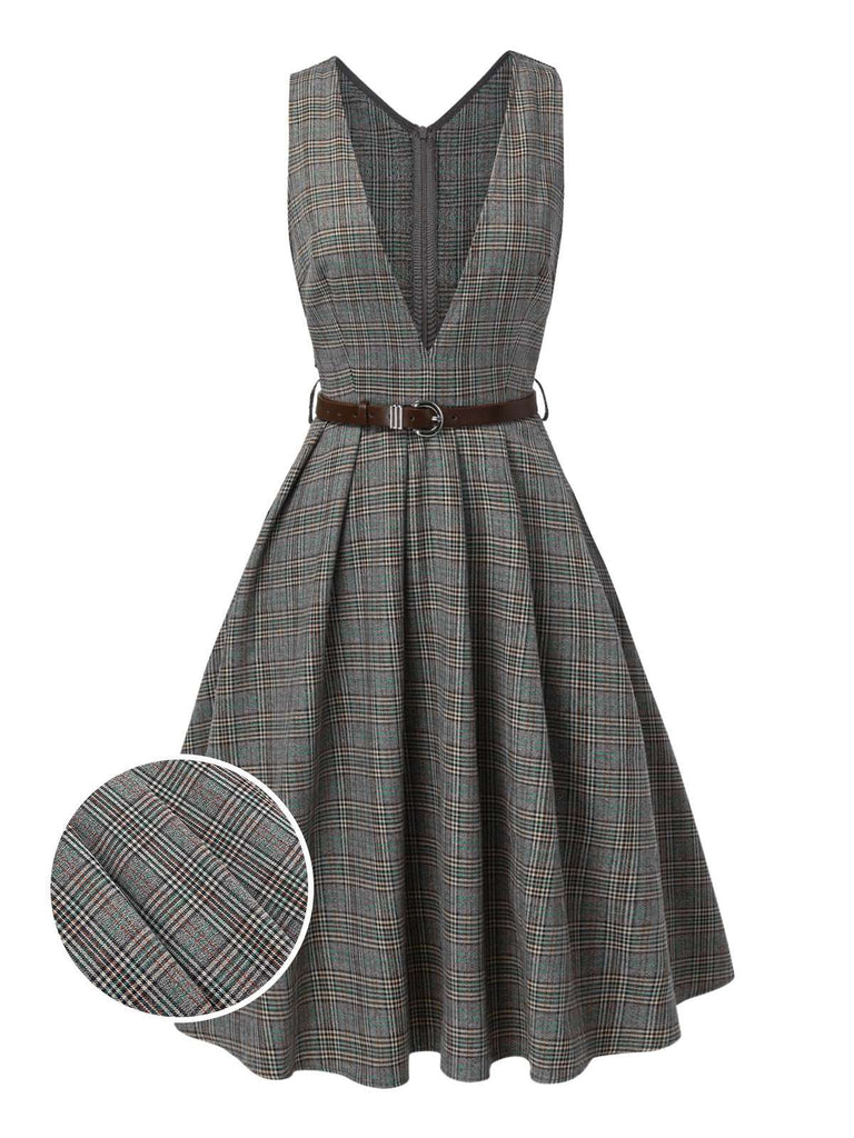 Abito glen plaid con scollo a V profondo grigio anni '40