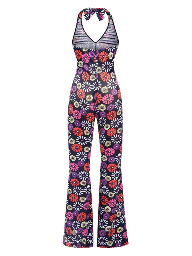 Tuta lunga hippie scollo all'americana floreale multicolore anni '70