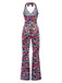 Tuta lunga hippie scollo all'americana floreale multicolore anni '70