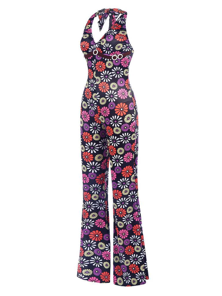 Tuta lunga hippie scollo all'americana floreale multicolore anni '70