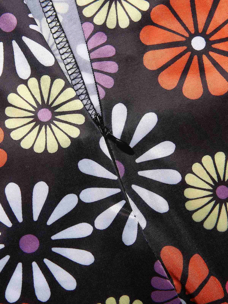 Tuta lunga hippie scollo all'americana floreale multicolore anni '70