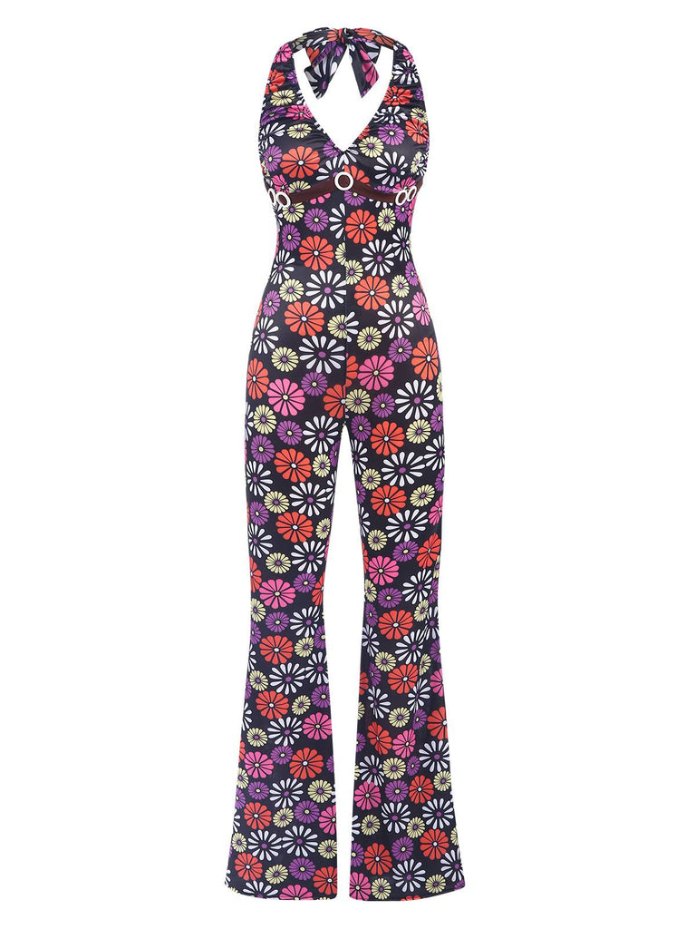 Tuta lunga hippie scollo all'americana floreale multicolore anni '70