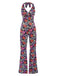 Tuta lunga hippie scollo all'americana floreale multicolore anni '70
