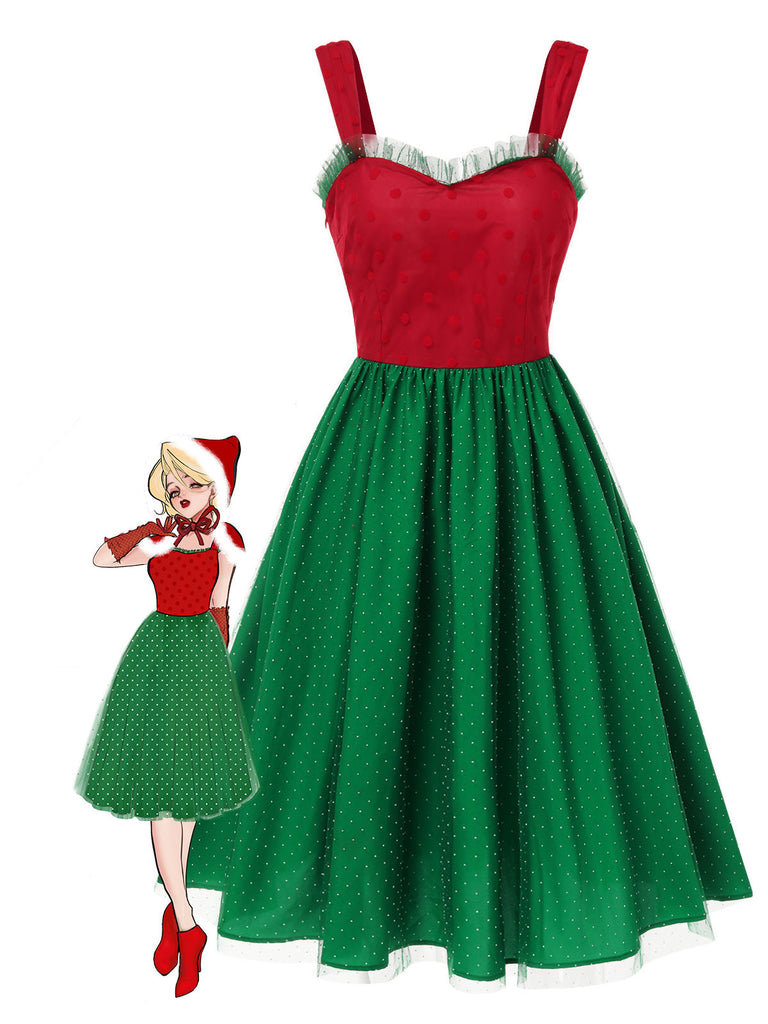 Abito natalizio a pois rosso e verde anni '50