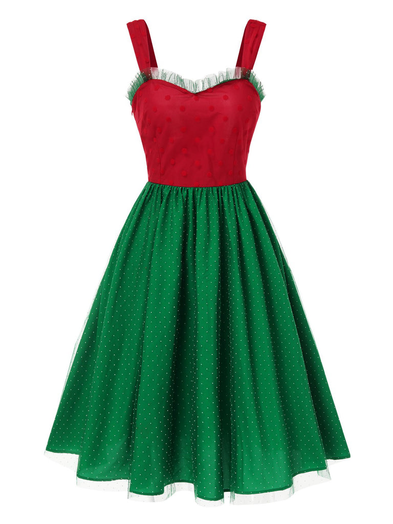 Abito natalizio a pois rosso e verde anni '50