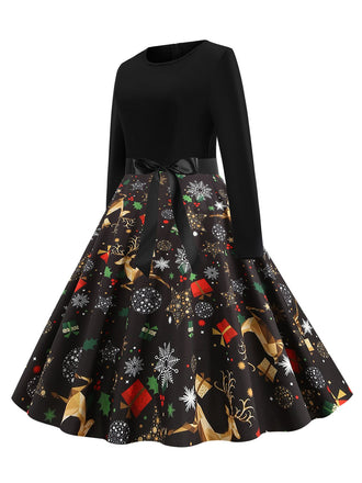 Abito con cintura e stampa natalizia nero anni '50